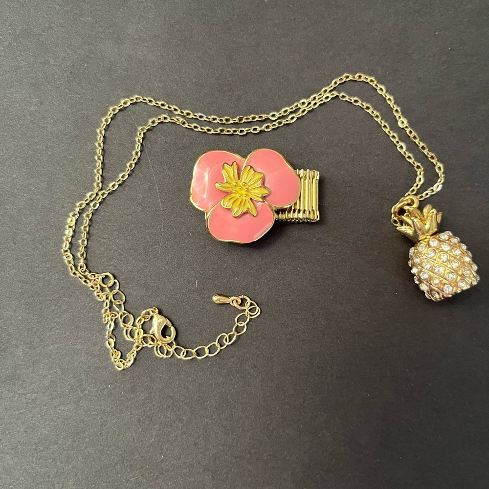 Gold rhinestone pineapple necklace ( not Lilly )and Lilly Pulitzer Floral Ring